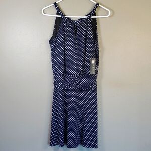 NWT Carole Little Navy and White Polka Dot Halter Dress. Size 6